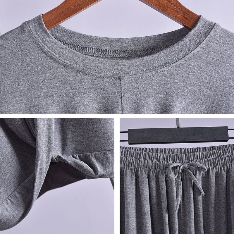 2019 New WOMEN SUITS Female Modal Round Neck Long-sleeved Two-piece SET Wide Leg Pants Casual Suit Yogaclothing 2 Pieces Set（#pink Purple）
