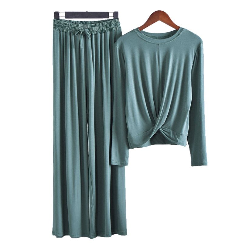 2019 New WOMEN SUITS Female Modal Round Neck Long-sleeved Two-piece SET Wide Leg Pants Casual Suit Yogaclothing 2 Pieces Set（#pink Purple）