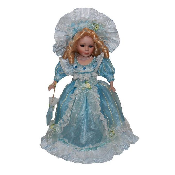 40cm Porcelain Court Female Doll In Light Blue Lace Dress, Hat With