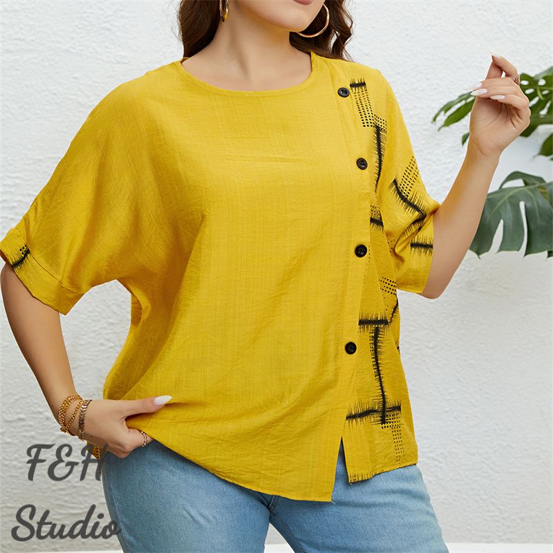 F&H 3327 XL-3XL Women Plus Size Button Up Loose Blouse Yellow