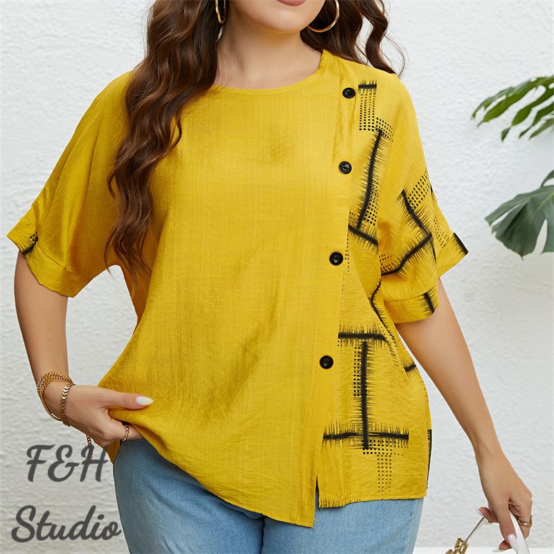 F&H 3327 XL-3XL Women Plus Size Button Up Loose Blouse Yellow