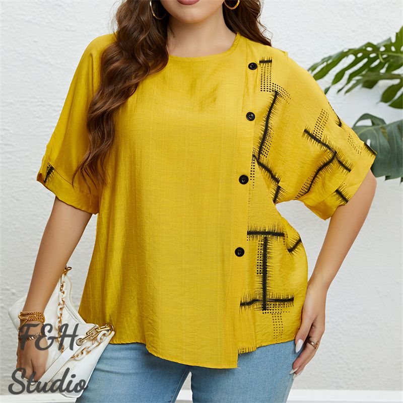 F&H 3327 XL-3XL Women Plus Size Button Up Loose Blouse Yellow