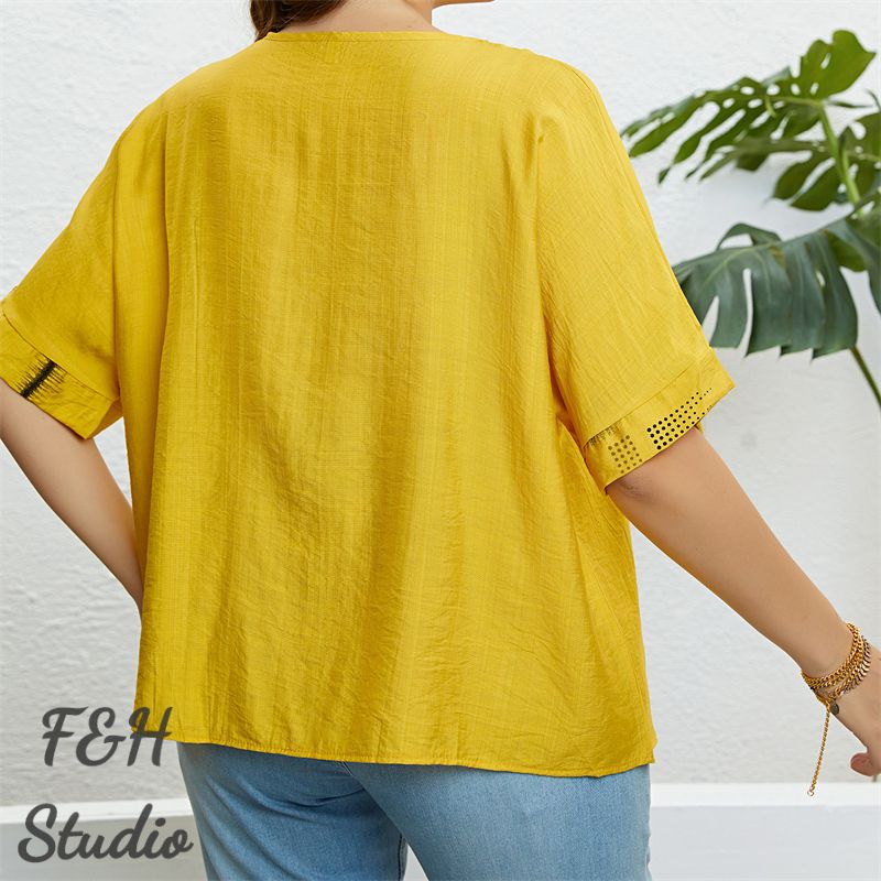 F&H 3327 XL-3XL Women Plus Size Button Up Loose Blouse Yellow
