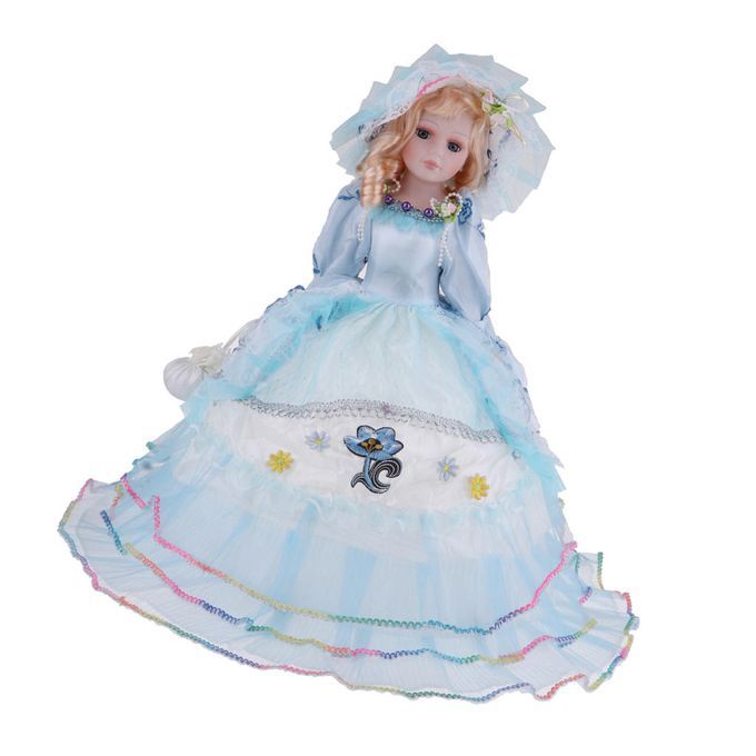 18Inch Porcelain   Doll Standing Dolls With Wooden Stand, Blue Dress
