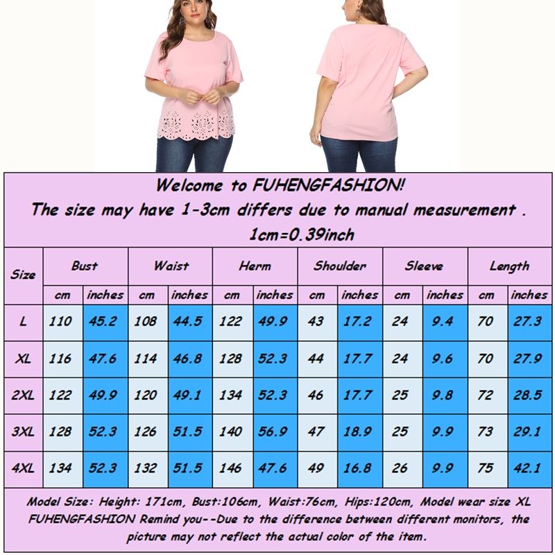 L-4XL Women Big Size Round Neck Short Sleeve Hollow-out Plus Size Tops 1734