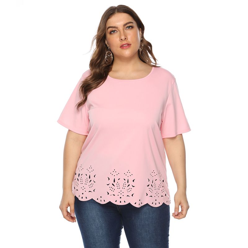 L-4XL Women Big Size Round Neck Short Sleeve Hollow-out Plus Size Tops 1734