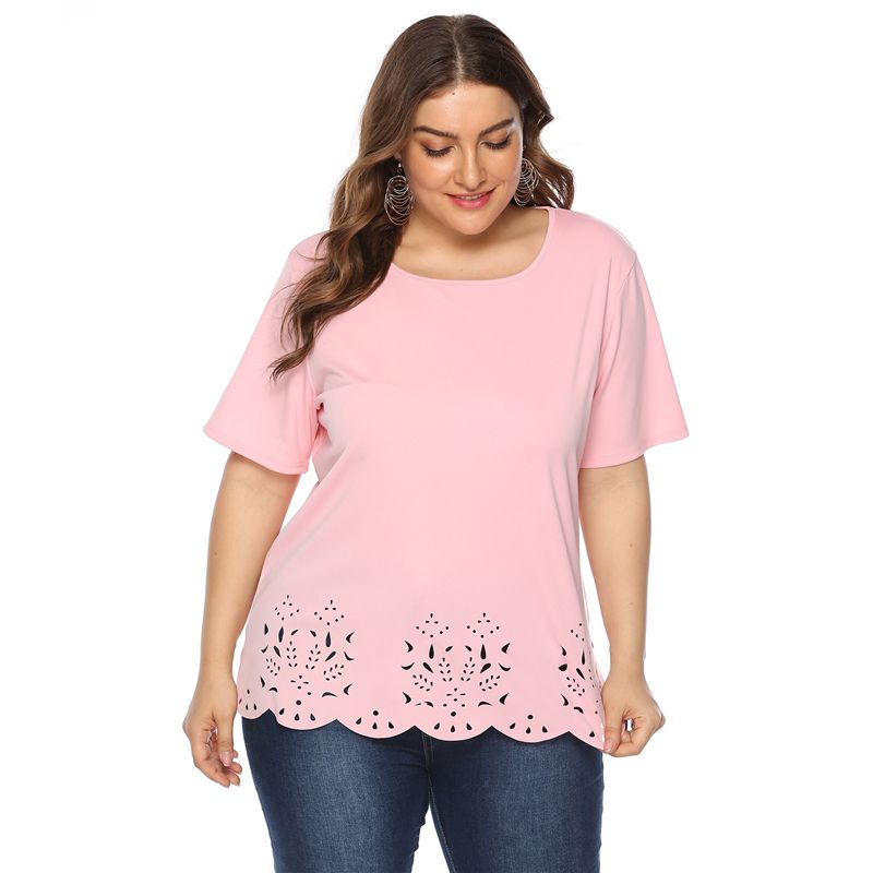 L-4XL Women Big Size Round Neck Short Sleeve Hollow-out Plus Size Tops 1734