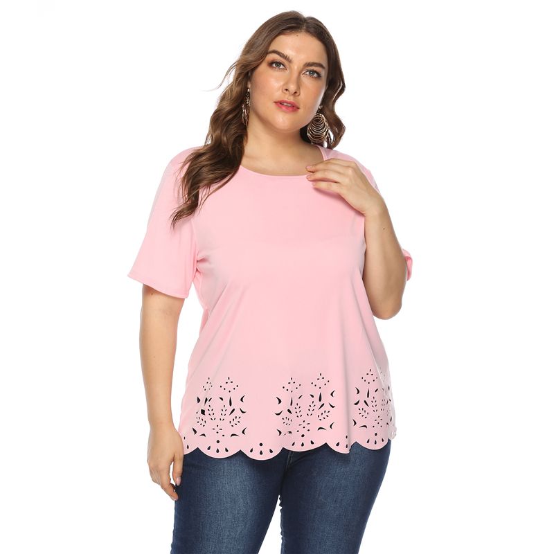 L-4XL Women Big Size Round Neck Short Sleeve Hollow-out Plus Size Tops 1734