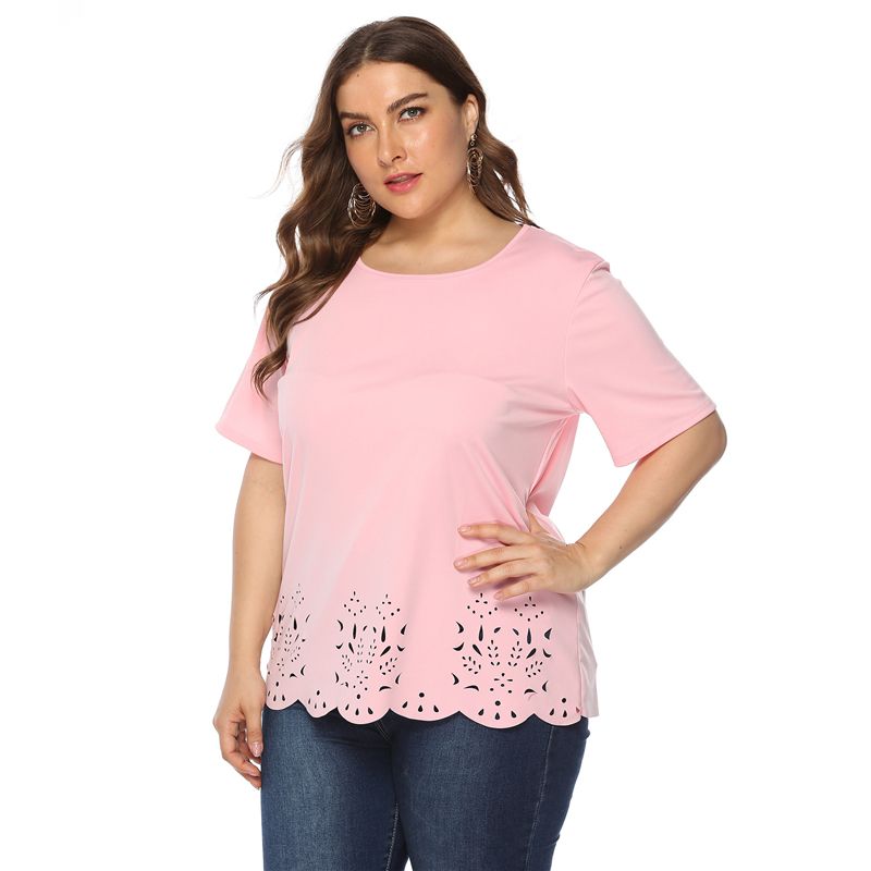 L-4XL Women Big Size Round Neck Short Sleeve Hollow-out Plus Size Tops 1734