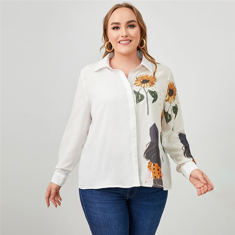 2918 L-4XL Women Long Sleeves Front Button Work Plus Size Blouse White