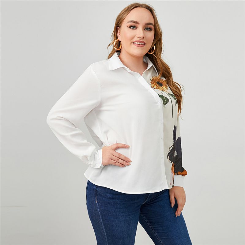 2918 L-4XL Women Long Sleeves Front Button Work Plus Size Blouse White
