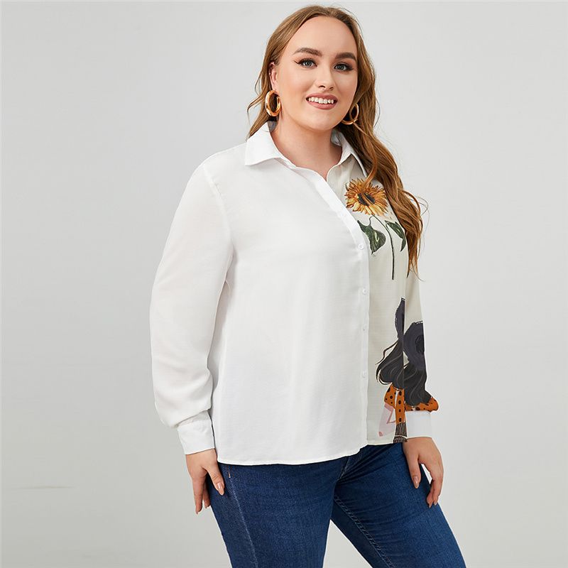 2918 L-4XL Women Long Sleeves Front Button Work Plus Size Blouse White