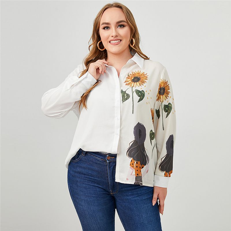2918 L-4XL Women Long Sleeves Front Button Work Plus Size Blouse White