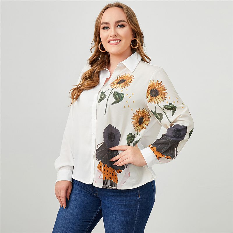 2918 L-4XL Women Long Sleeves Front Button Work Plus Size Blouse White
