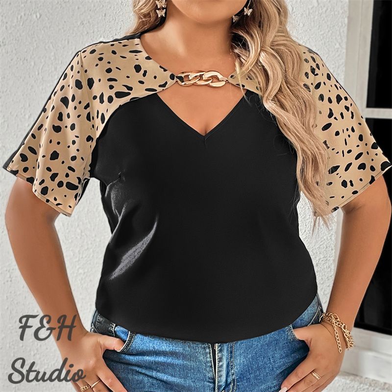 F&H 3645 XL-4XLShort Sleeve Top With Irregular Neck Black
