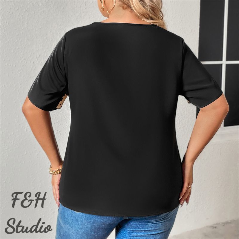 F&H 3645 XL-4XLShort Sleeve Top With Irregular Neck Black