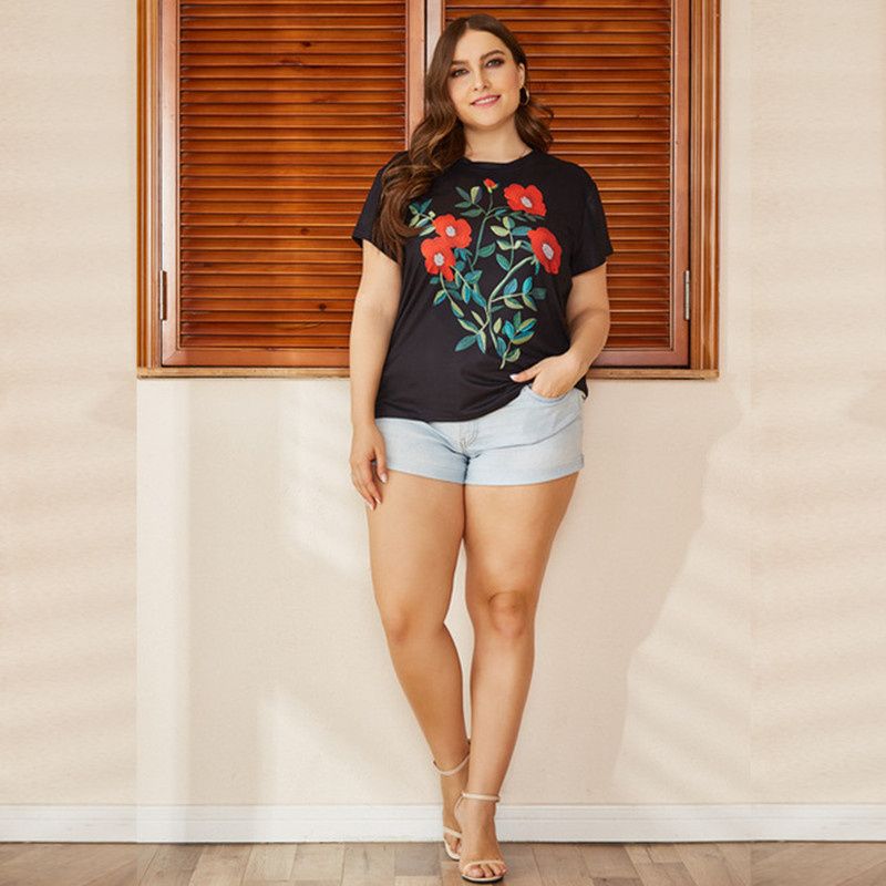 L-4XL Round Neck Short Sleeve Floral Print Plus Size Blouse Black 2683