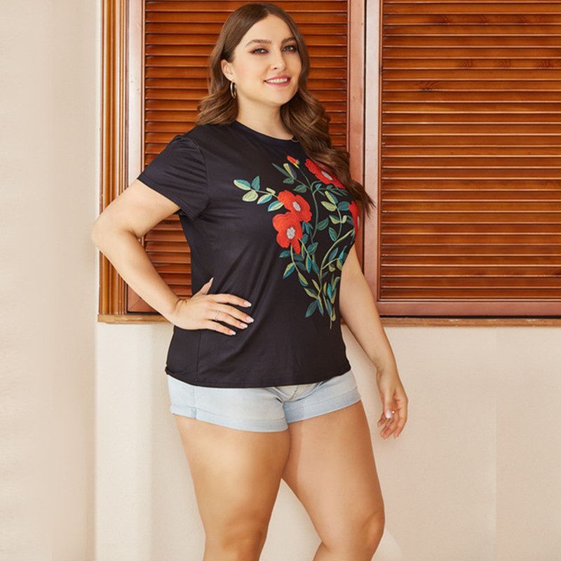L-4XL Round Neck Short Sleeve Floral Print Plus Size Blouse Black 2683