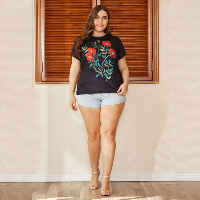 L-4XL Round Neck Short Sleeve Floral Print Plus Size Blouse Black 2683