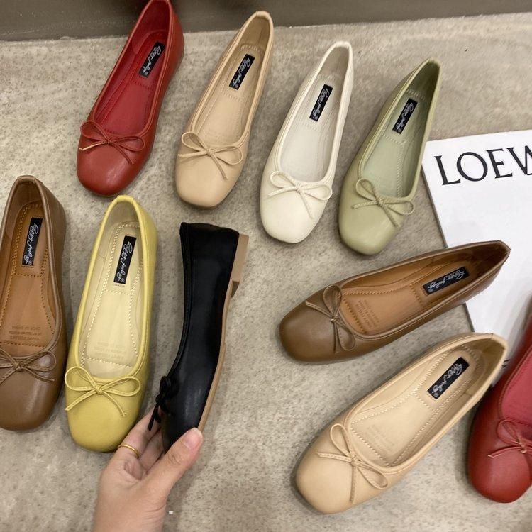 Gentle Bowknot Square Head Shallow Mouth Soft Sole Single Shoes for Women 2022 New Ballet Flat Shoes