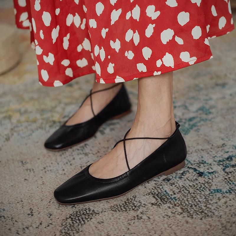 Spring and summer new cow leather small fresh cross with shallow soft sole single women's flat