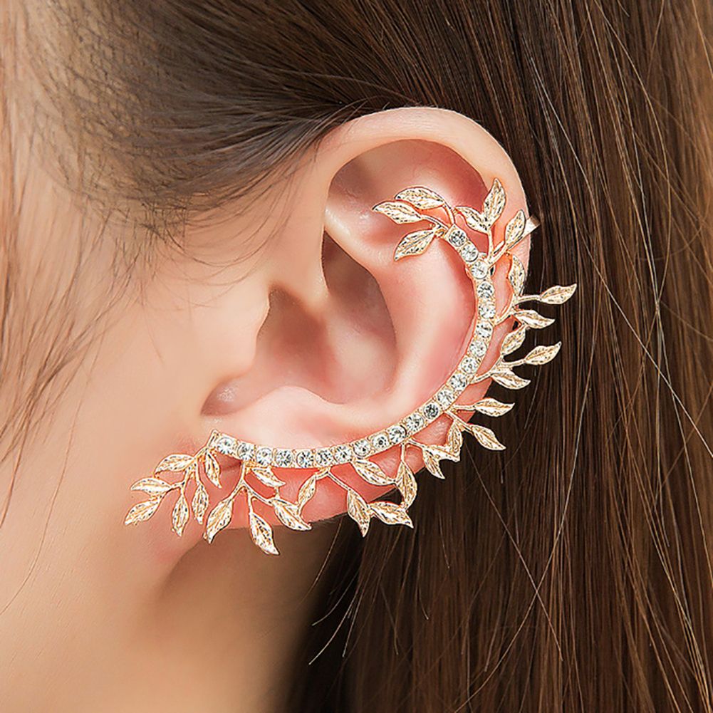 1Pc Vintage Leaf Curved Full Rhinestone Ear Cuff Women Clip On Earrings Jewelry-Golden