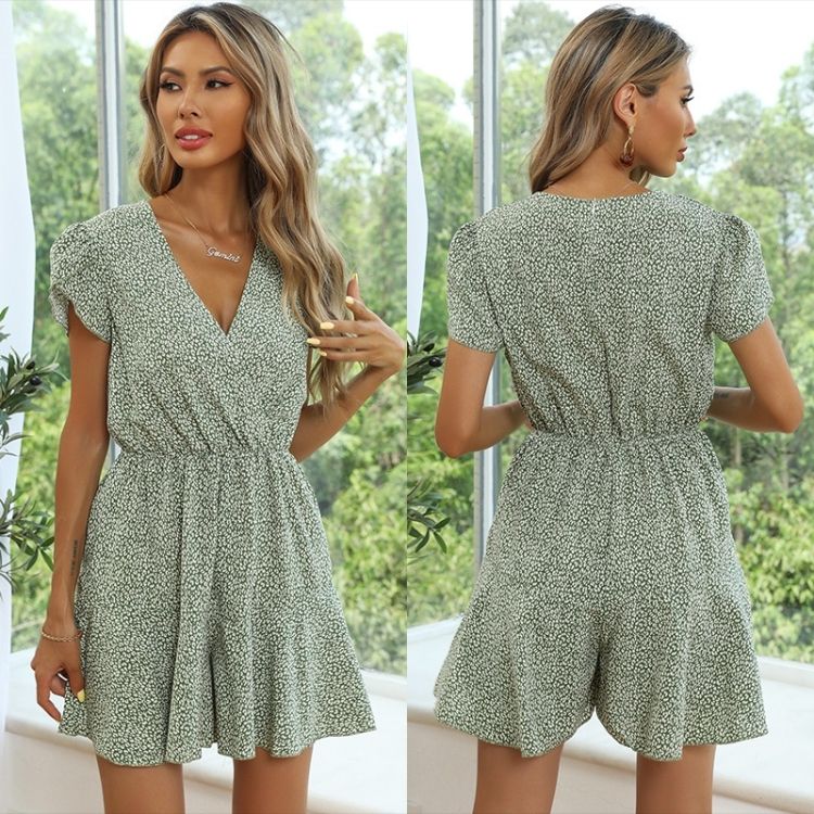 Women Green Leopard Print Wide-leg Jumpsuit