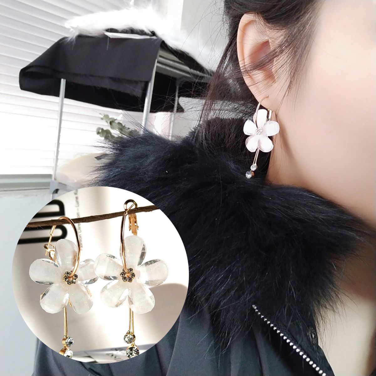 1 Pair Women Petal Flower Shape Rhinestone Inlaid Alloy Dangle Earrings For Wedding Party-Black