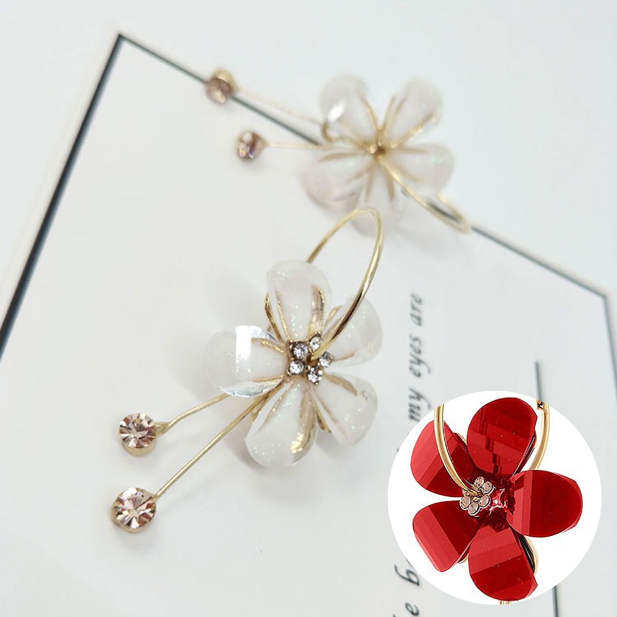 1 Pair Women Petal Flower Shape Rhinestone Inlaid Alloy Dangle Earrings For Wedding Party-Black