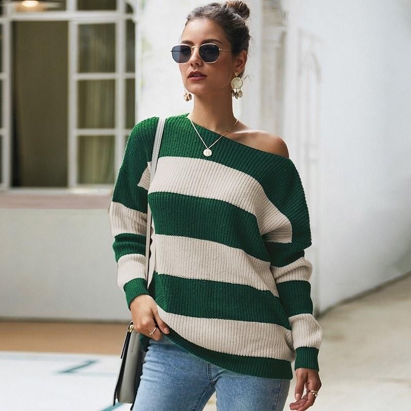 Women Sweater Contrst Stripes One Shoulder Dropped Shoulder Slash Neckline Long Sleeve Casual Street Wear