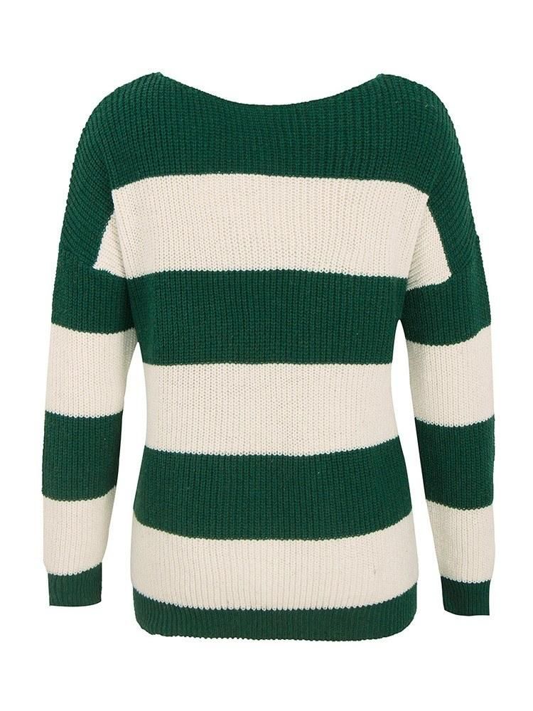 Women Sweater Contrst Stripes One Shoulder Dropped Shoulder Slash Neckline Long Sleeve Casual Street Wear