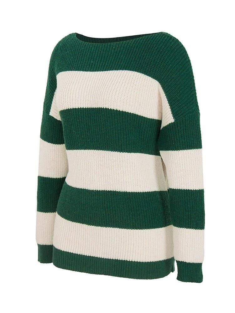 Women Sweater Contrst Stripes One Shoulder Dropped Shoulder Slash Neckline Long Sleeve Casual Street Wear