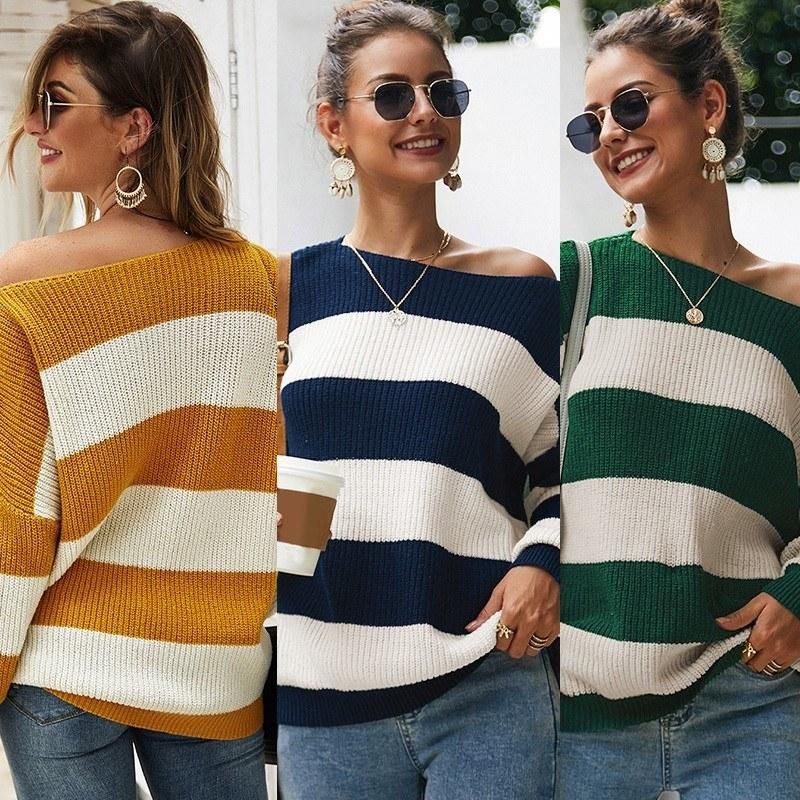 Women Sweater Contrst Stripes One Shoulder Dropped Shoulder Slash Neckline Long Sleeve Casual Street Wear