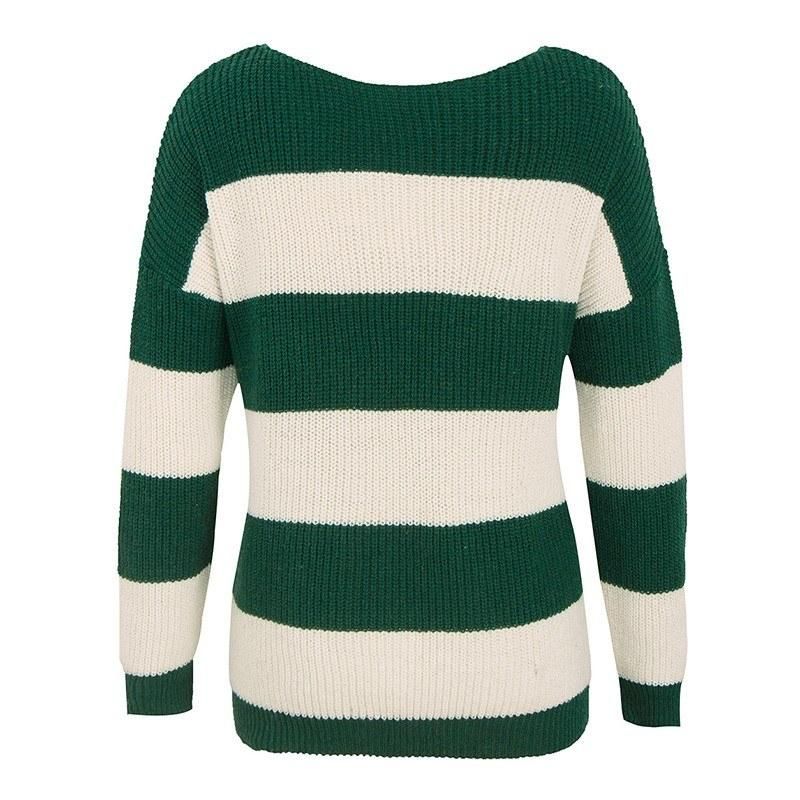 Women Sweater Contrst Stripes One Shoulder Dropped Shoulder Slash Neckline Long Sleeve Casual Street Wear
