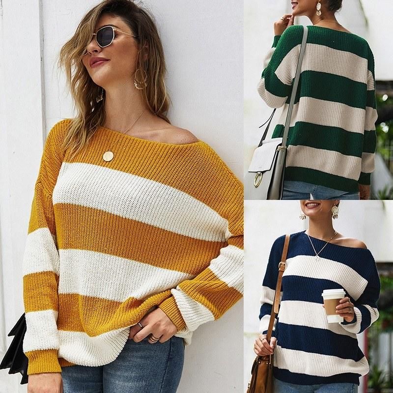 Women Sweater Contrst Stripes One Shoulder Dropped Shoulder Slash Neckline Long Sleeve Casual Street Wear