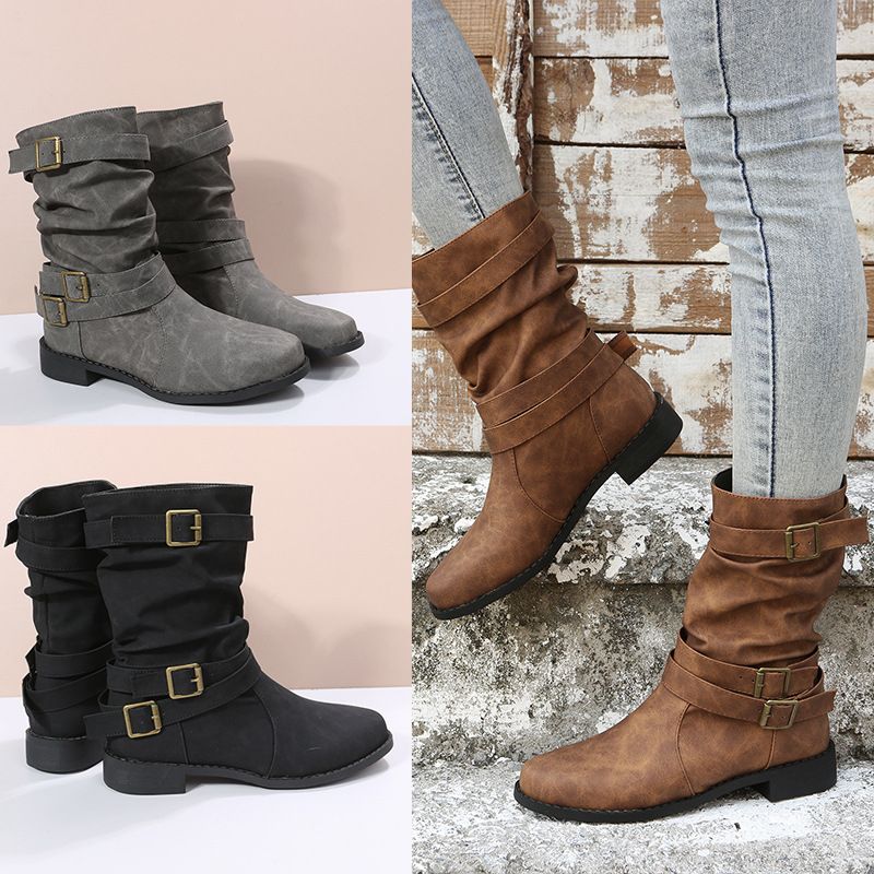 New Ladies Boots Lady Shoes Party Women Boots Mid Calf Boots Square Heels Knee Black