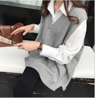 Autumn outfit paired with small and tall Korean fashion sweater set, medium length casual shirt and