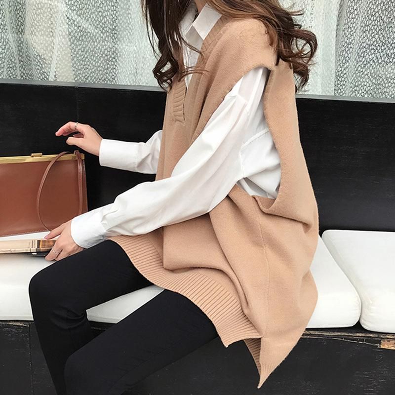 Autumn outfit paired with small and tall Korean fashion sweater set, medium length casual shirt and