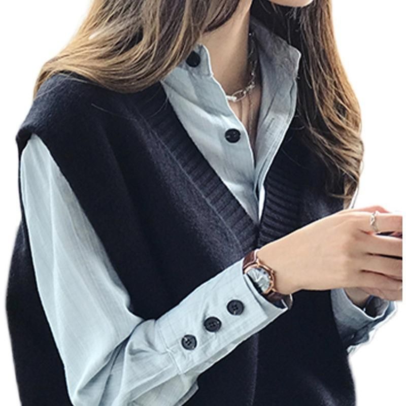 Autumn outfit paired with small and tall Korean fashion sweater set, medium length casual shirt and