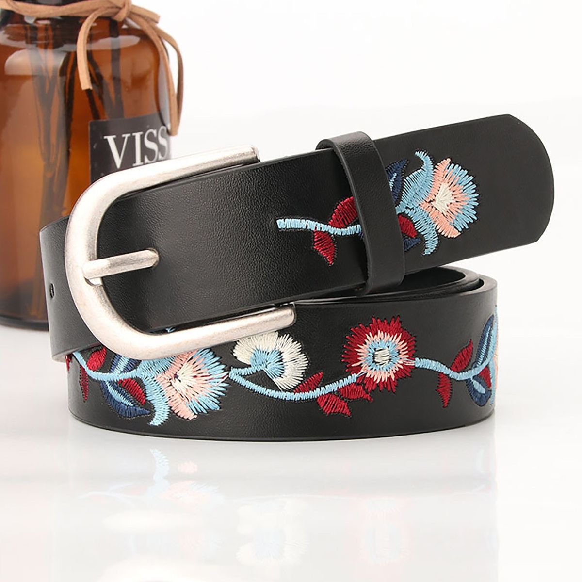 Women Belt Floral Embroidery Single Prong Buckle Waist Strap