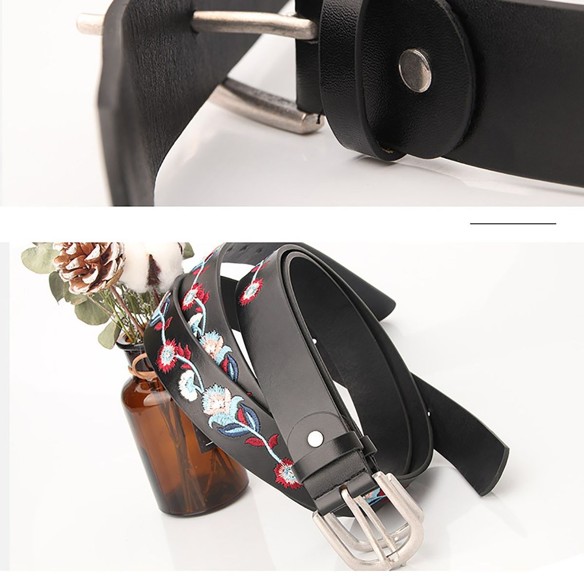 Women Belt Floral Embroidery Single Prong Buckle Waist Strap