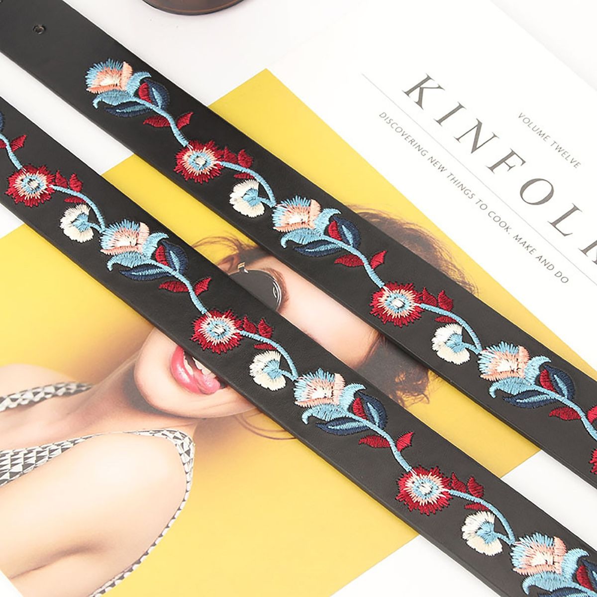 Women Belt Floral Embroidery Single Prong Buckle Waist Strap