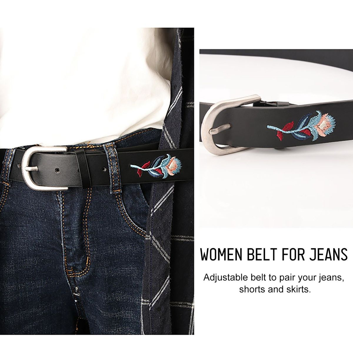 Women Belt Floral Embroidery Single Prong Buckle Waist Strap