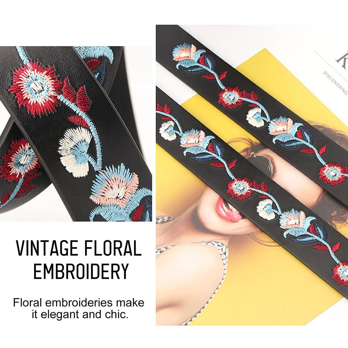 Women Belt Floral Embroidery Single Prong Buckle Waist Strap