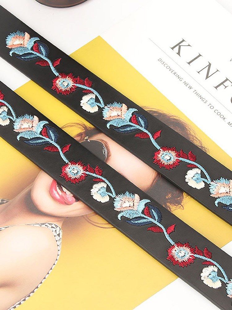 Women Belt Floral Embroidery Single Prong Buckle Waist Strap