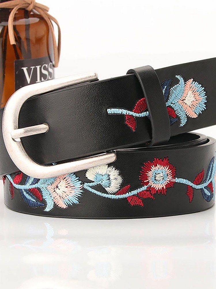 Women Belt Floral Embroidery Single Prong Buckle Waist Strap