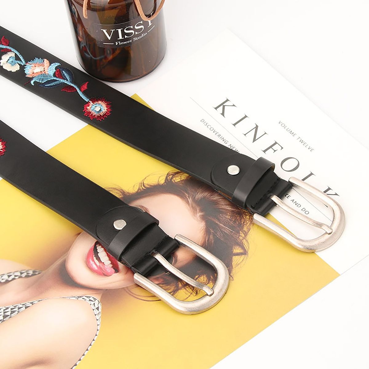 Women Belt Floral Embroidery Single Prong Buckle Waist Strap