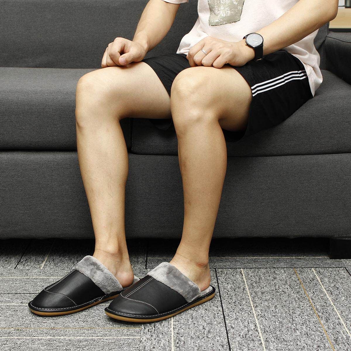Men's Winter Warm Fuzzy Lamb Leather House Slipper Fleece Lined Home Casual Black 27 (39-40 Yards)