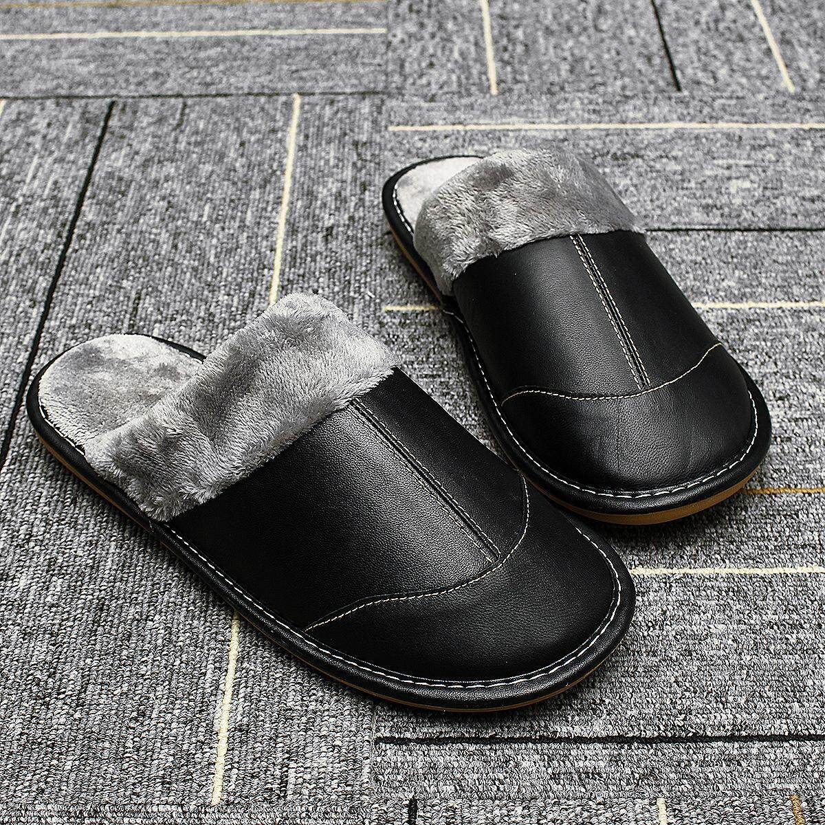Men's Winter Warm Fuzzy Lamb Leather House Slipper Fleece Lined Home Casual Black 27 (39-40 Yards)