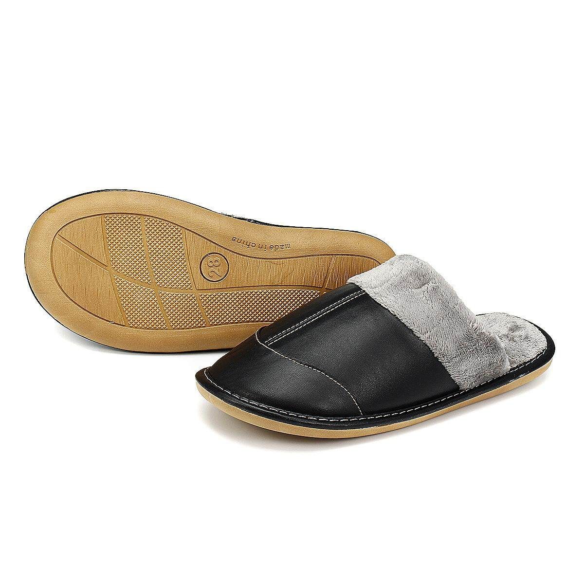 Men's Winter Warm Fuzzy Lamb Leather House Slipper Fleece Lined Home Casual Black 27 (39-40 Yards)